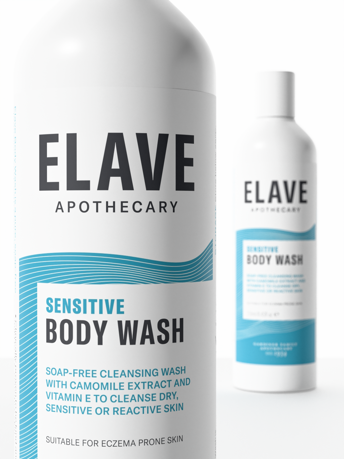 Close-up of the Elave Sensitive Body Wash label: soap-free cleansing wash with Camomile Extract and Vitamin E