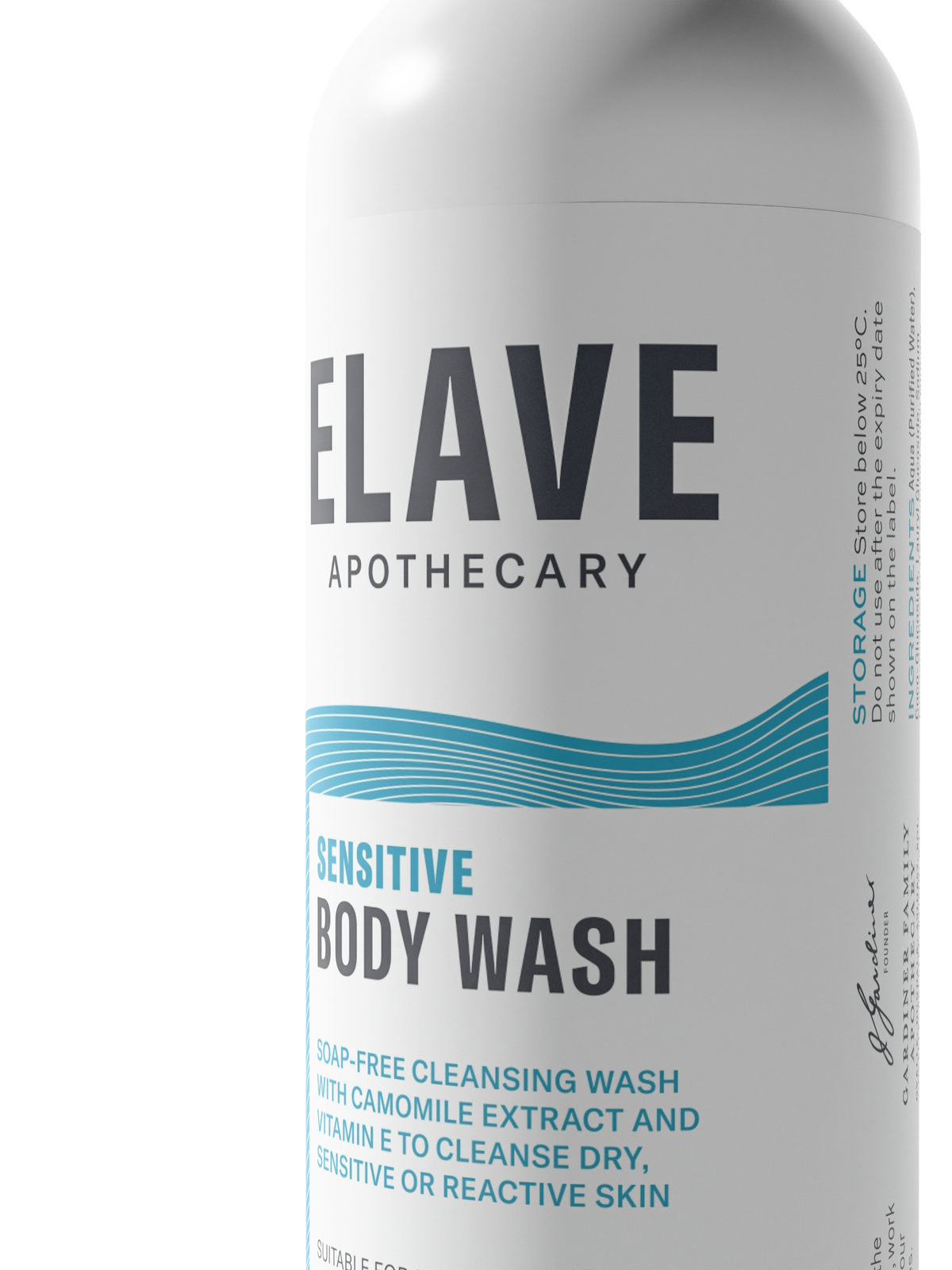 Close-up of the Elave Sensitive Body Wash front and side label