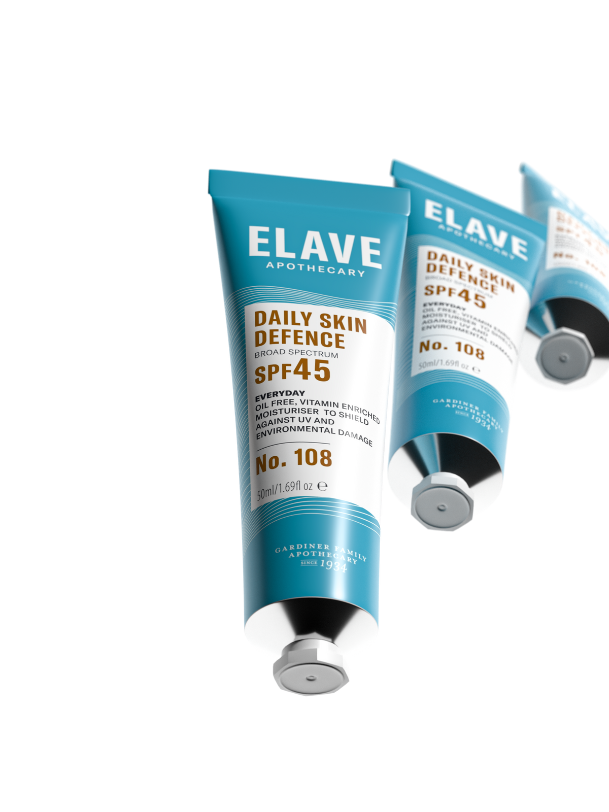 Elave Daily Skin Defence SPF45 tubes floating on a white background