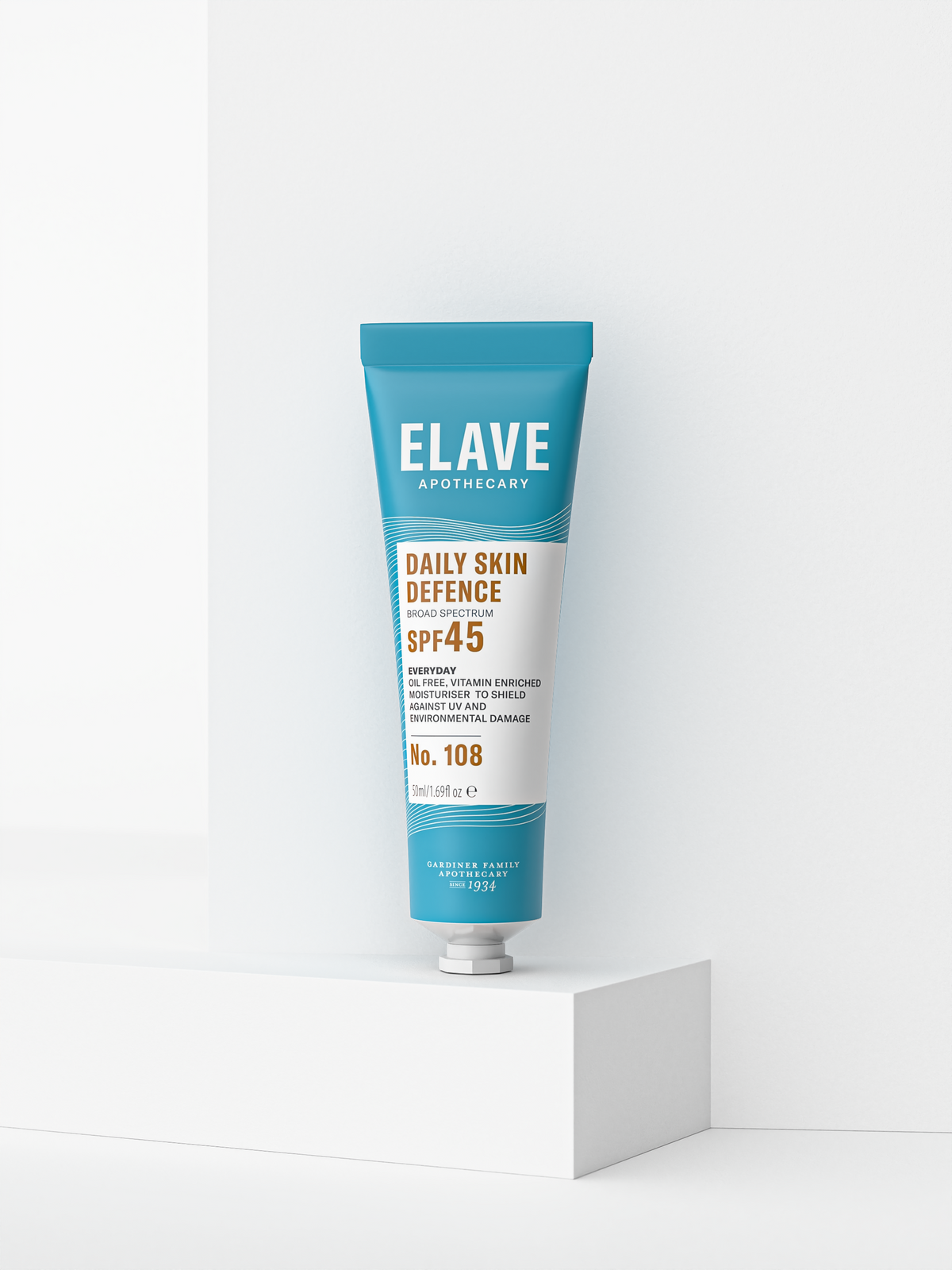 Elave Daily Skin Defence SPF45 tube standing on a white plinth
