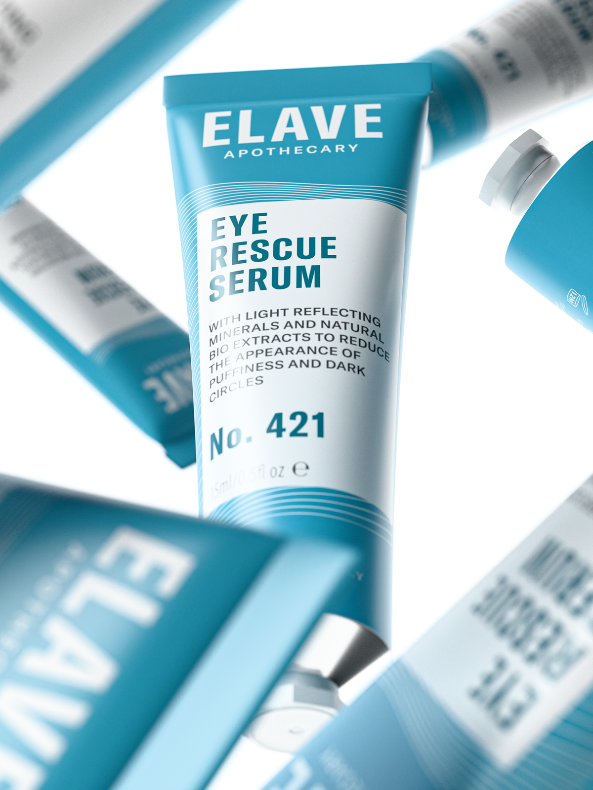 Elave Eye Rescue Serum tubes floating on a bright white background