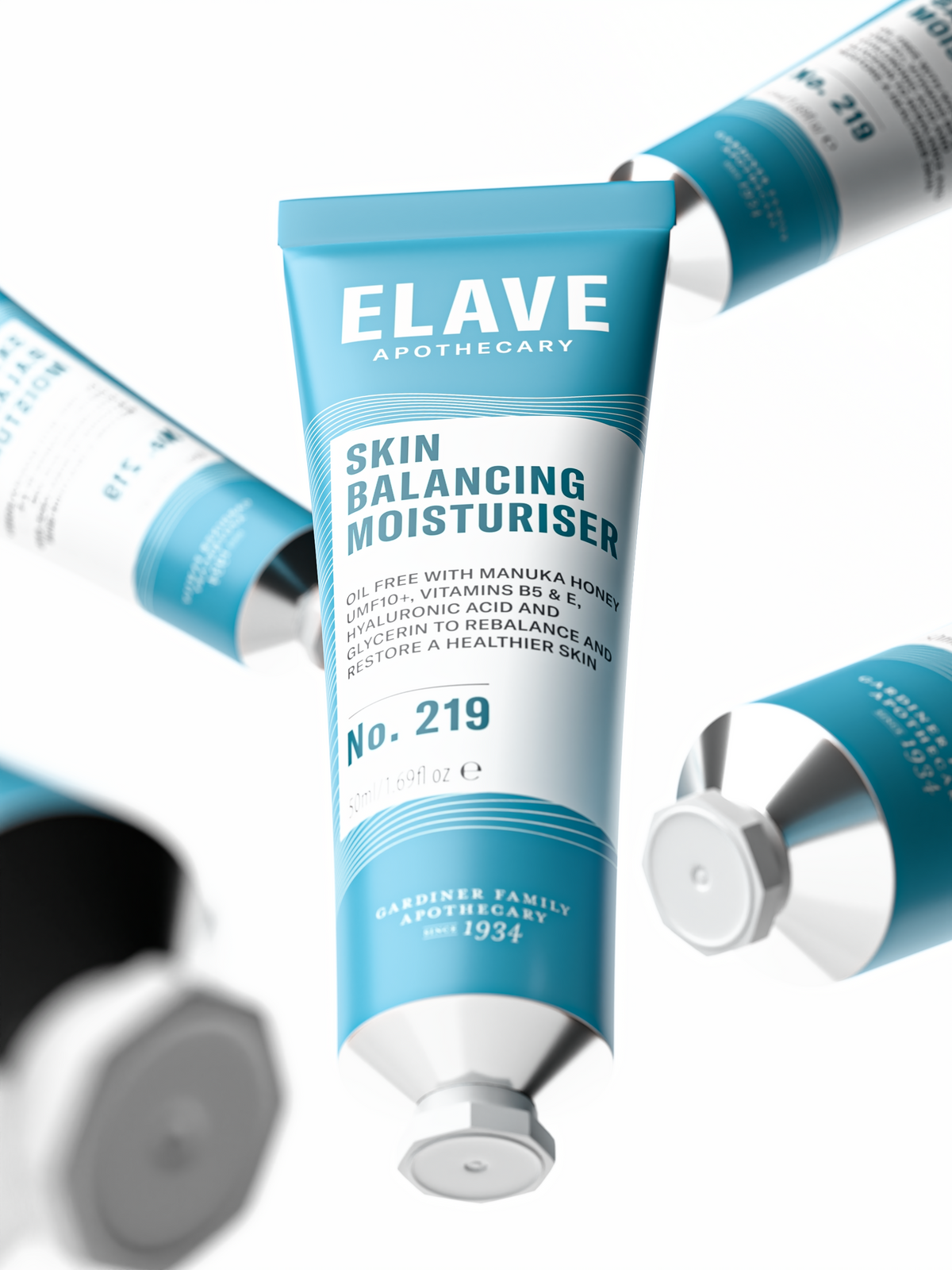 Elave Skin Balancing Moisturiser tubes floating on white