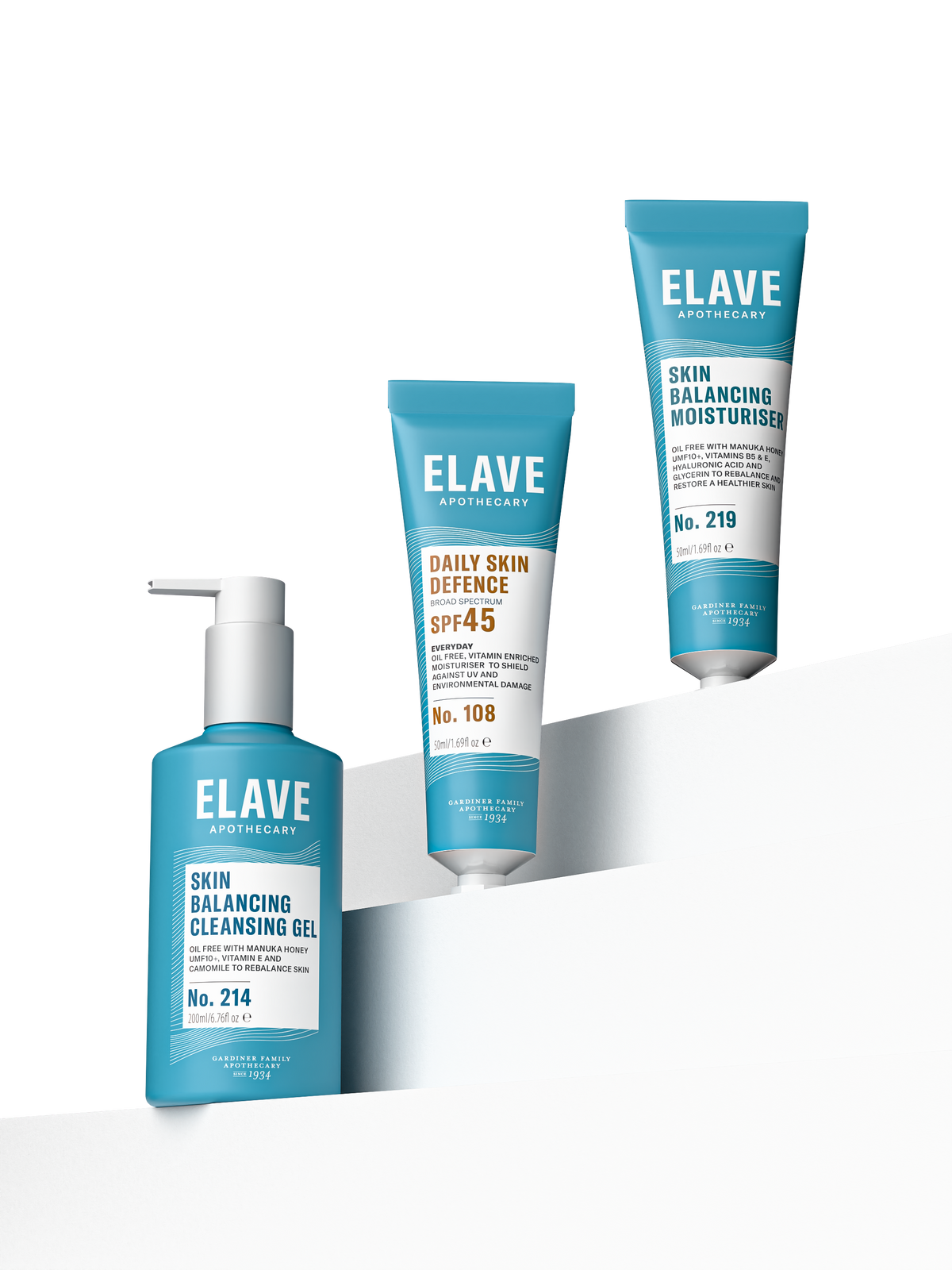 Elave Skin Balancing Cleansing Gel, Daily Skin Defence SPF45 and Skin Balancing Moisturiser