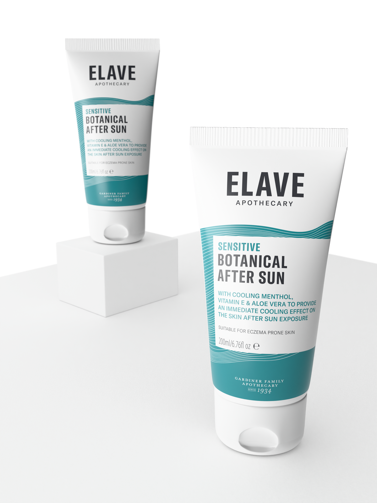 Elave Sensitive Botanical After Sun tubes on a white plinth