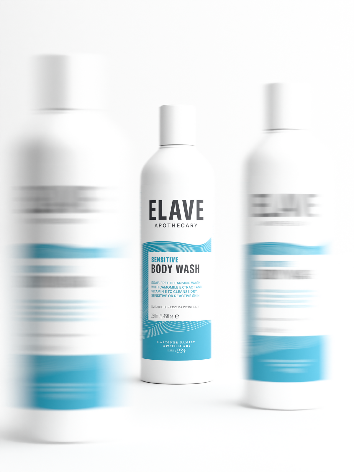 Elave Sensitive Body Wash in focus between two blurred bottles