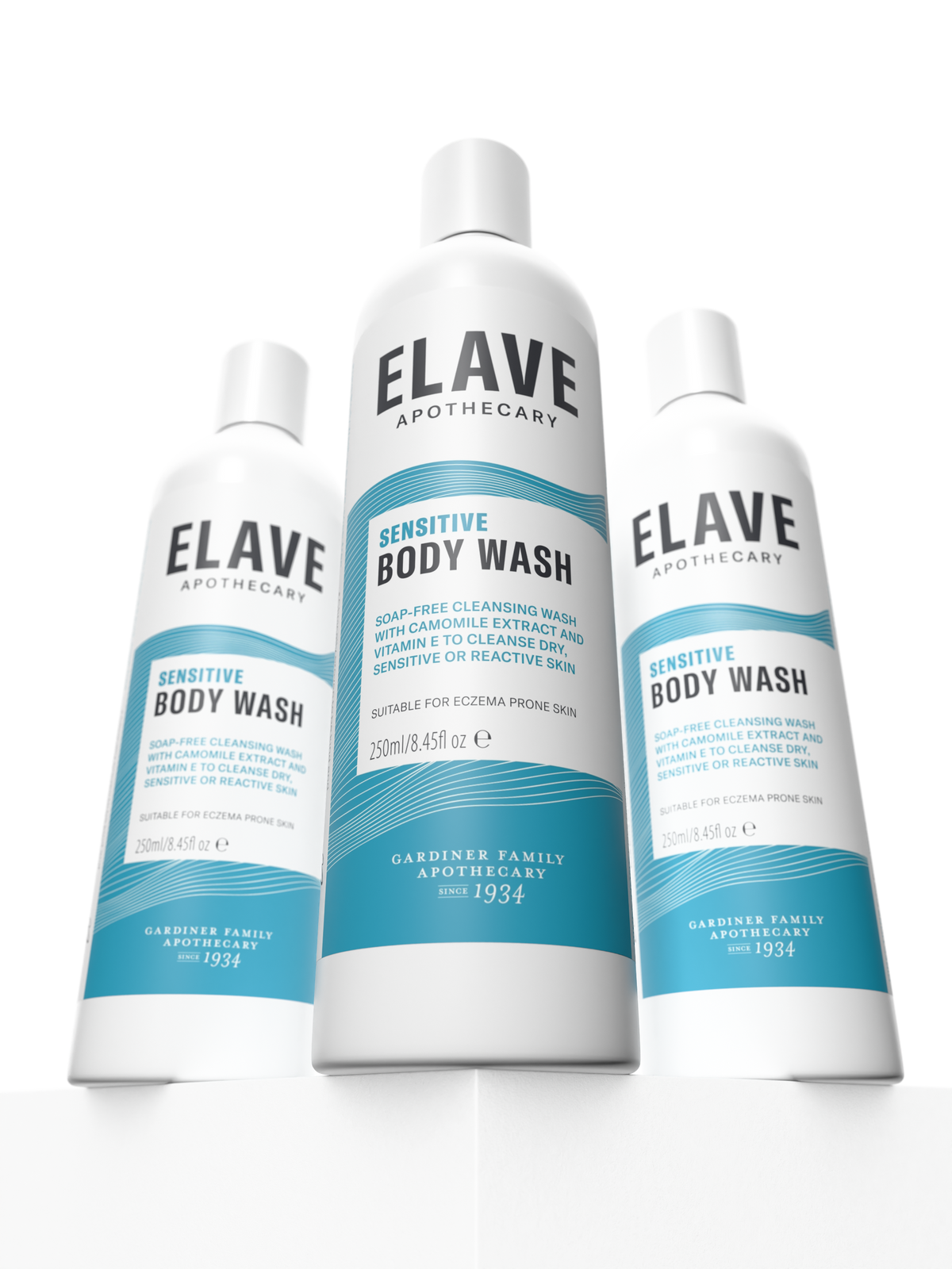Three Elave Sensitive Body Wash bottles
