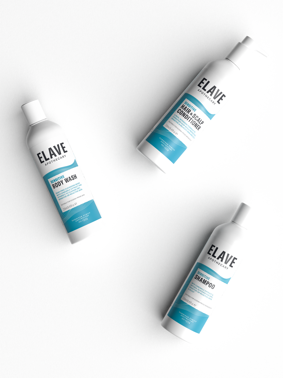 Elave Sensitive Body Wash, Hair & Scalp Conditioner and Shampoo laid flat