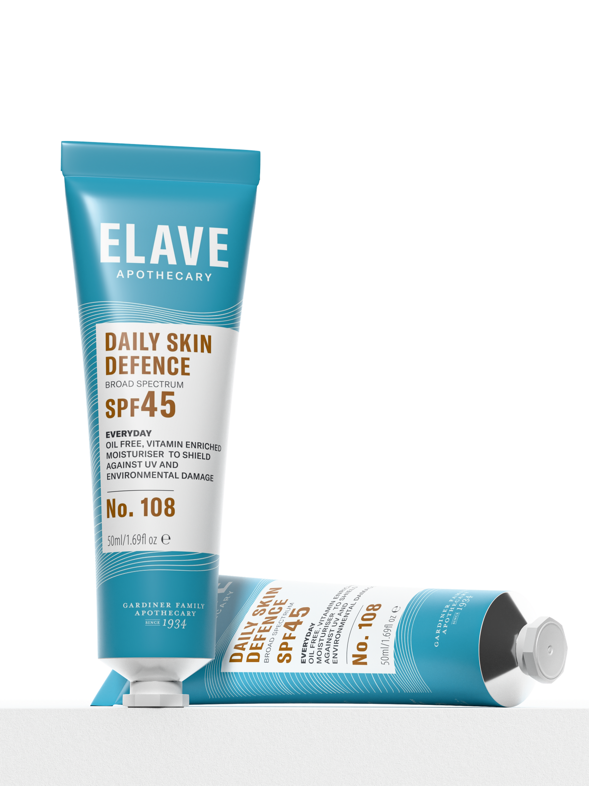 Two Elave Daily Skin Defence SPF45 tubes, one upright and one on its side