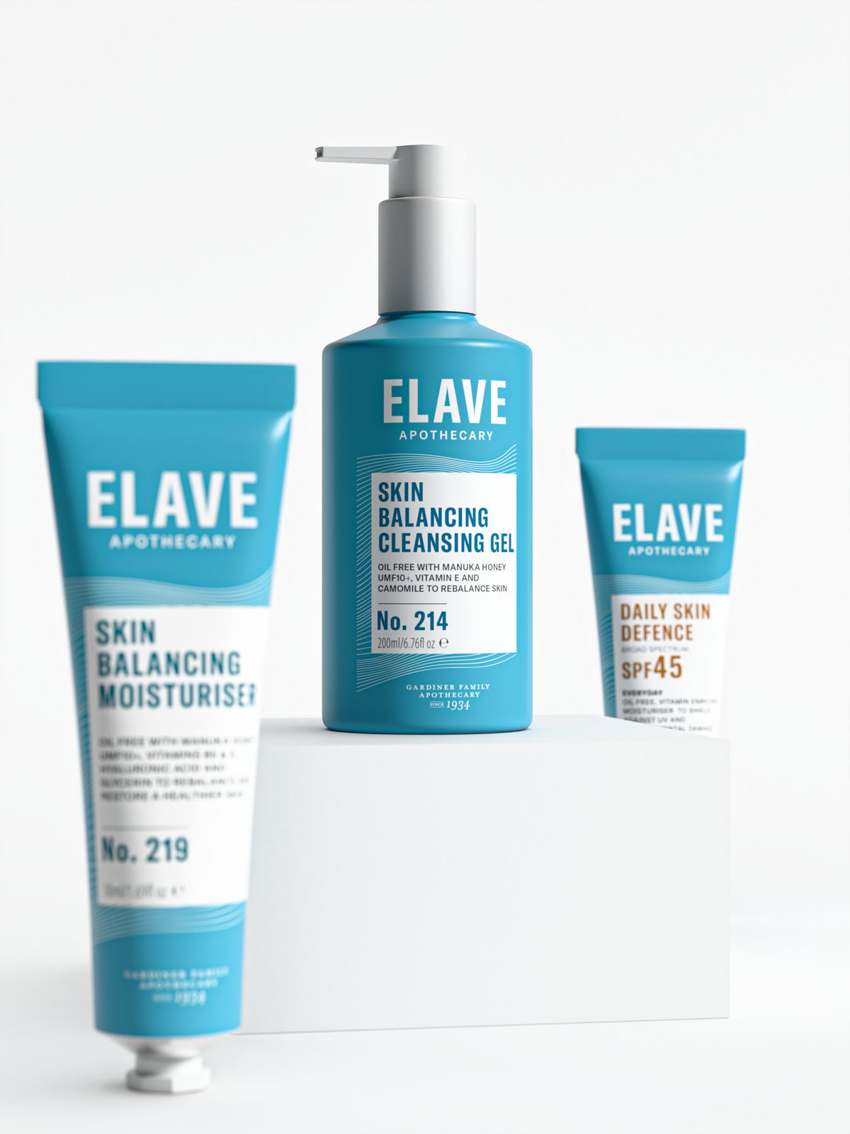Elave Skin Balancing Cleansing Gel, Skin Balancing Moisturiser and Daily Skin Defence SPF45 arranged around a white plinth