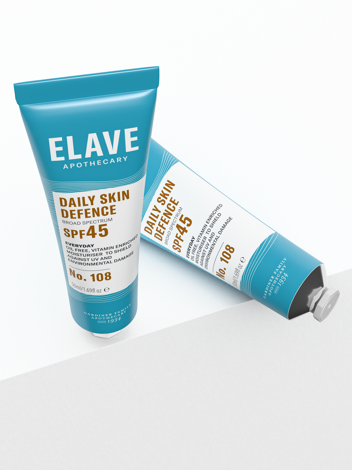 Elave Daily Skin Defence SPF45 tube on a white studio background