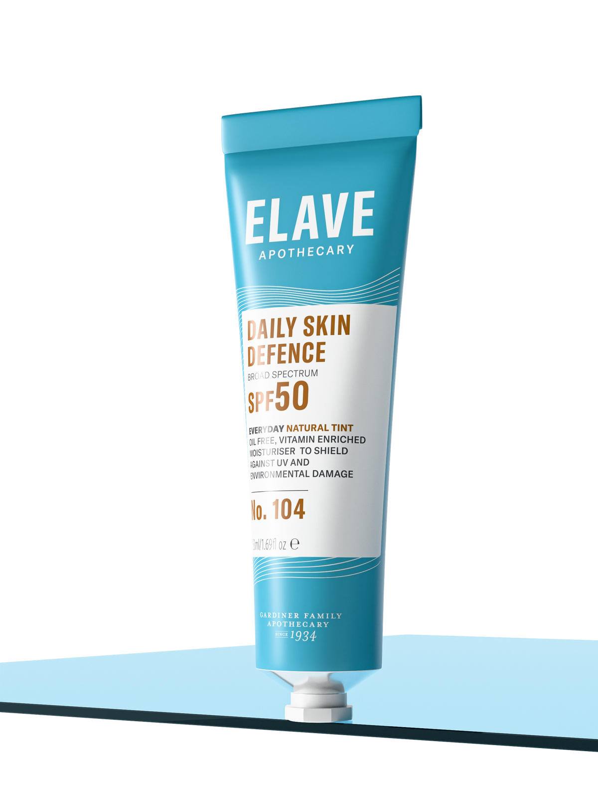 Elave Daily Skin Defence SPF50 tube standing on a pale blue reflective surface