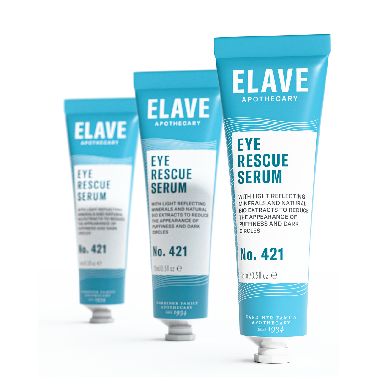 Three tubes of Elave Eye Rescue Serum standing in a row