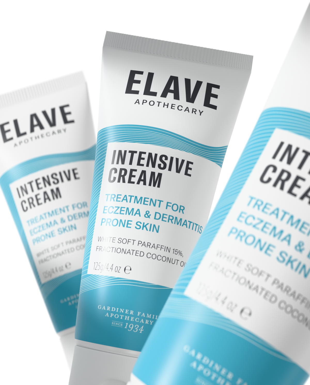 Elave Intensive Cream 125g tubes, label with White Soft Paraffin 15% and Fractionated Coconut Oil 11%