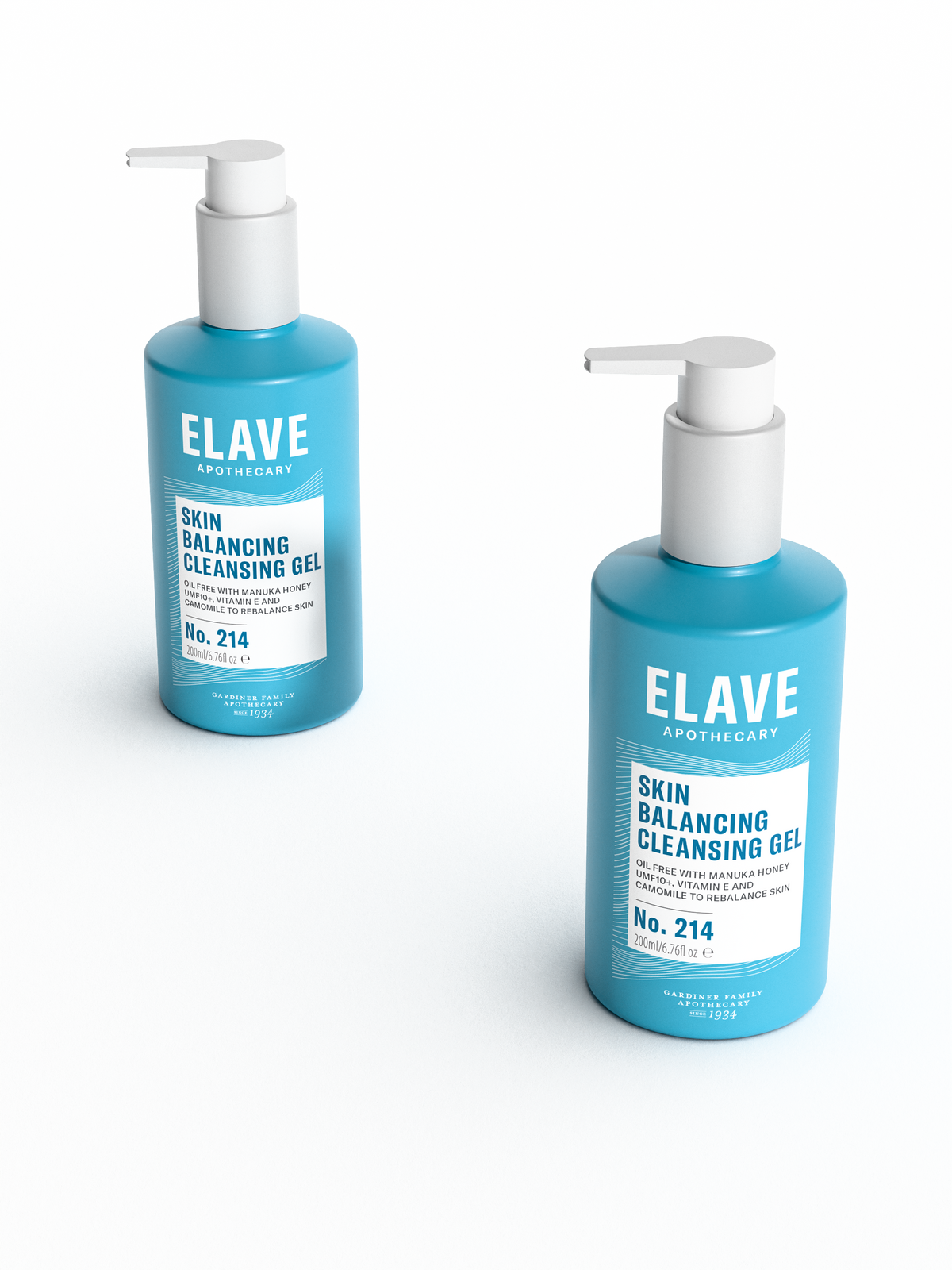 Two Elave Skin Balancing Cleansing Gel bottles on white