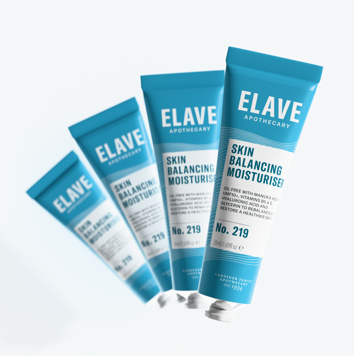 Four Elave Skin Balancing Moisturiser tubes fanned out, label reading oil free