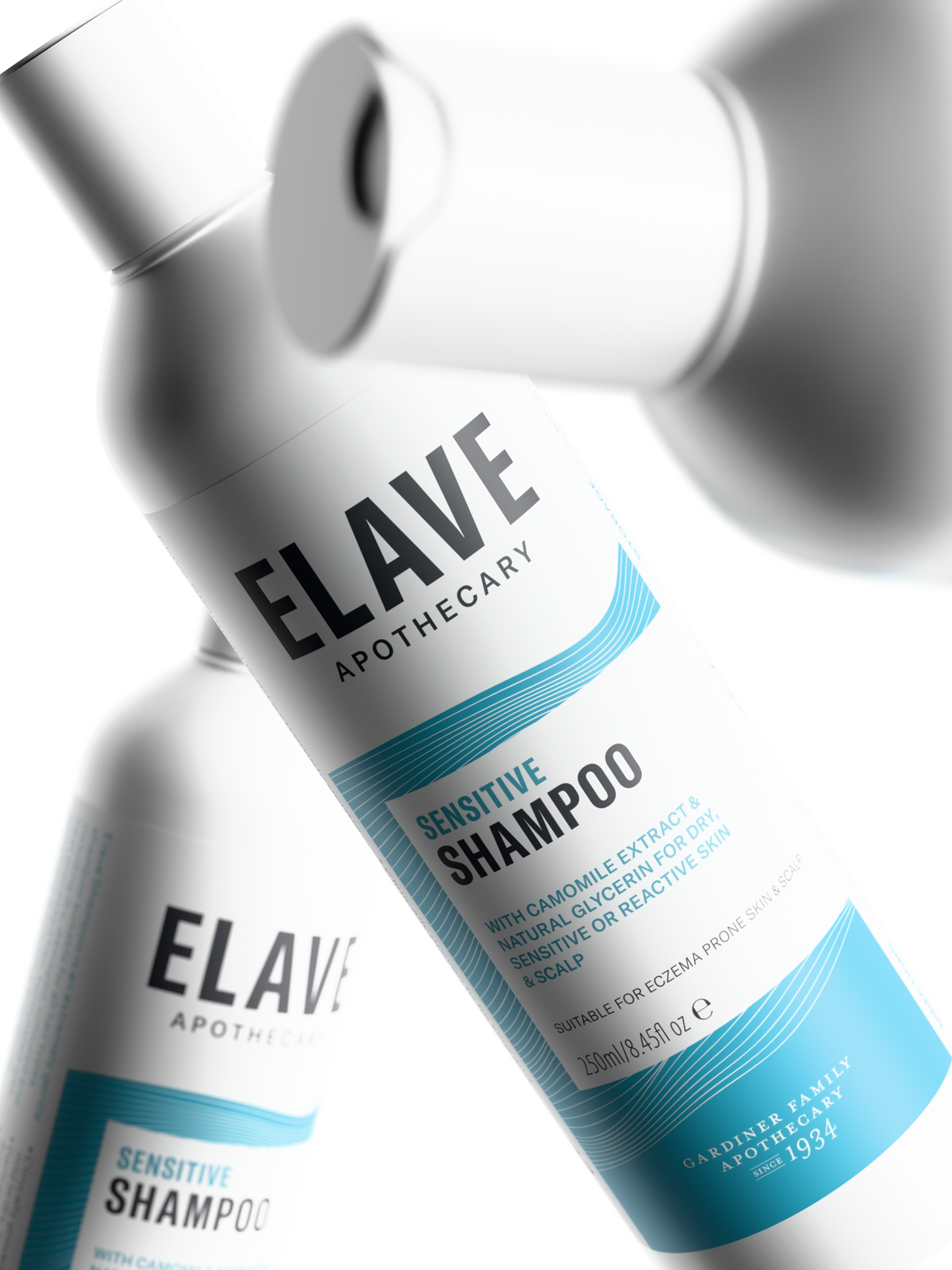 Close-up of the Elave Sensitive Shampoo label: with Camomile Extract and Natural Glycerin